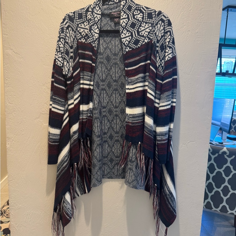Hooked Up by IOT Geometric Striped Cardigan - Black, White, Maroon
